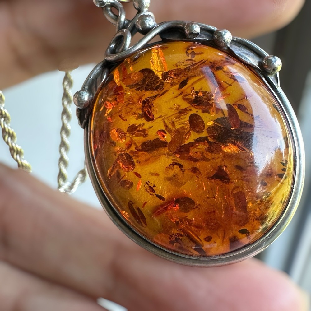 VTG Artisan Pendant Necklace 20 Inch Baltic Amber Brutalist 925 Sterling 25.2g